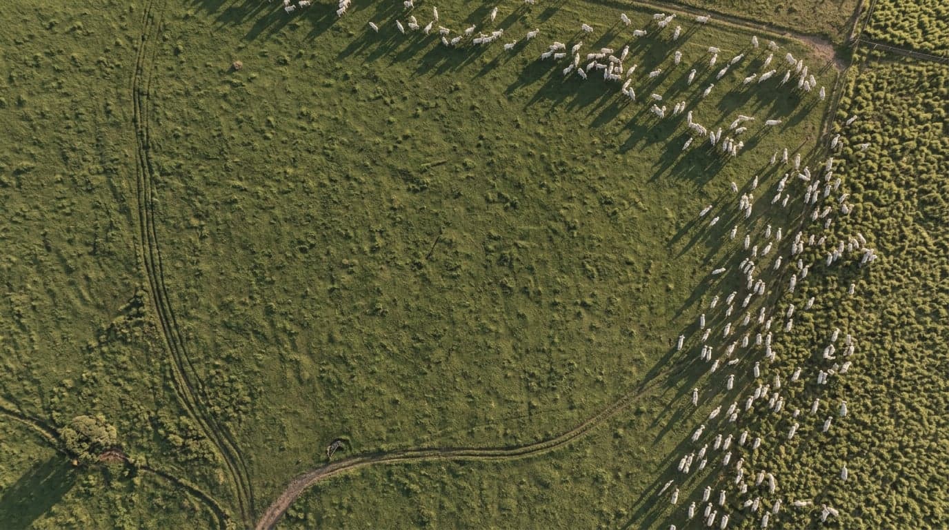 Vista aérea do rebanho Nelore pastando em um pasto verde